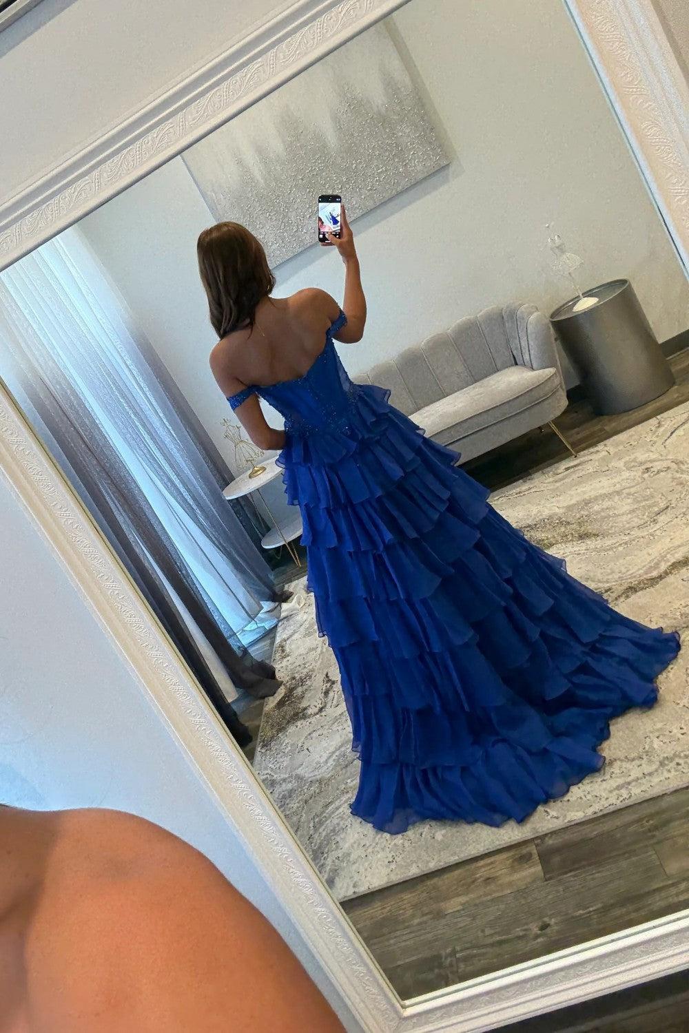 Royal Blue Off Shoulder Sweetheart Prom Dress With Beaded Illusion Bodice And Layered Ruffle Slit Skirt Formal Evening Gown
