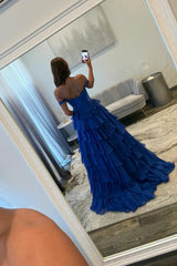 Royal Blue Off Shoulder Sweetheart Prom Dress With Beaded Illusion Bodice And Layered Ruffle Slit Skirt Formal Evening Gown