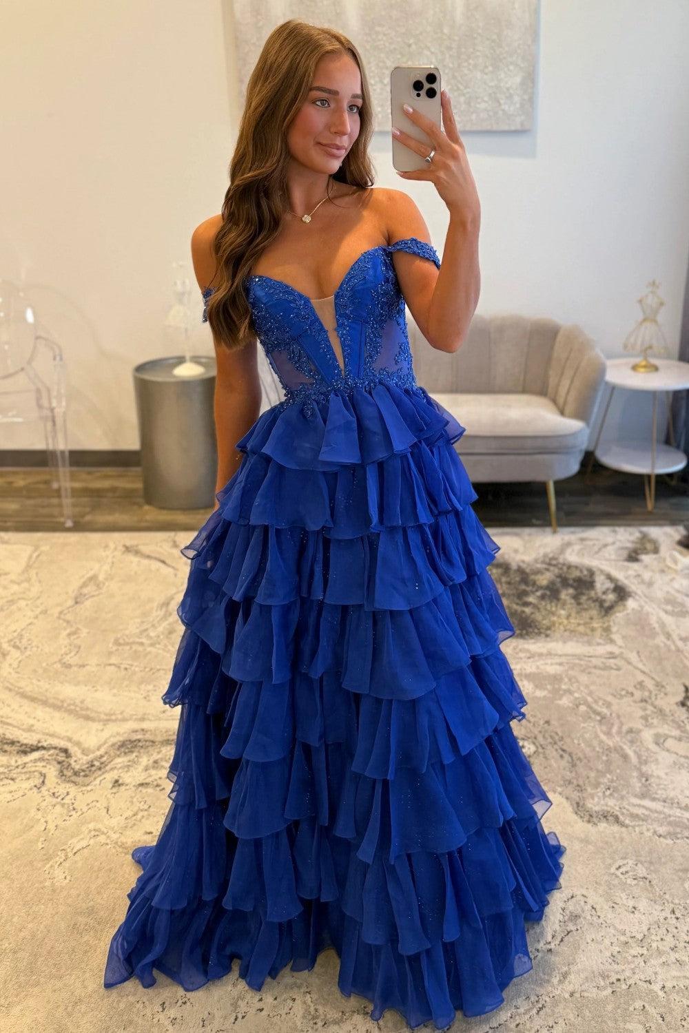 Royal Blue Off Shoulder Sweetheart Prom Dress With Beaded Illusion Bodice And Layered Ruffle Slit Skirt Formal Evening Gown