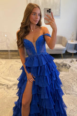 Royal Blue Off Shoulder Sweetheart Prom Dress With Beaded Illusion Bodice And Layered Ruffle Slit Skirt Formal Evening Gown