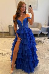 Royal Blue Off Shoulder Sweetheart Prom Dress With Beaded Illusion Bodice And Layered Ruffle Slit Skirt Formal Evening Gown