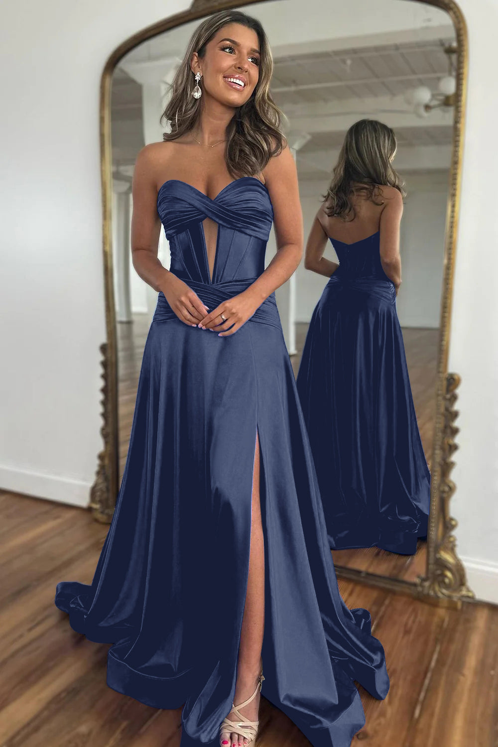 Royal Blue Prom Dress A Line Corset Satin Long Evening Dress with Slit