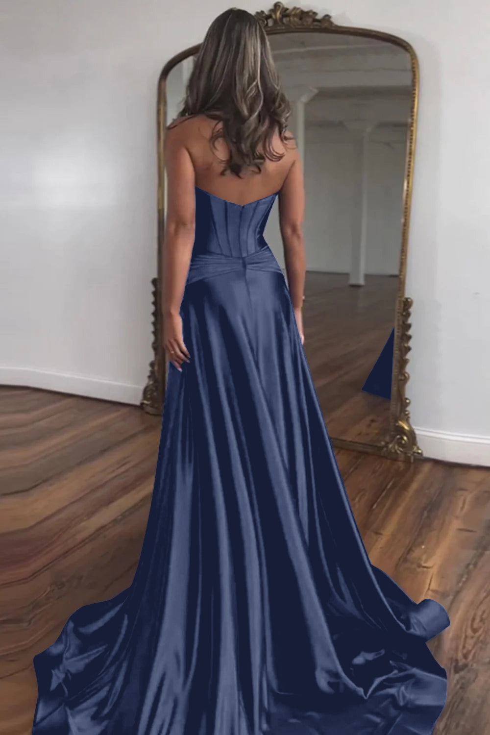 Royal Blue Prom Dress A Line Corset Satin Long Evening Dress with Slit