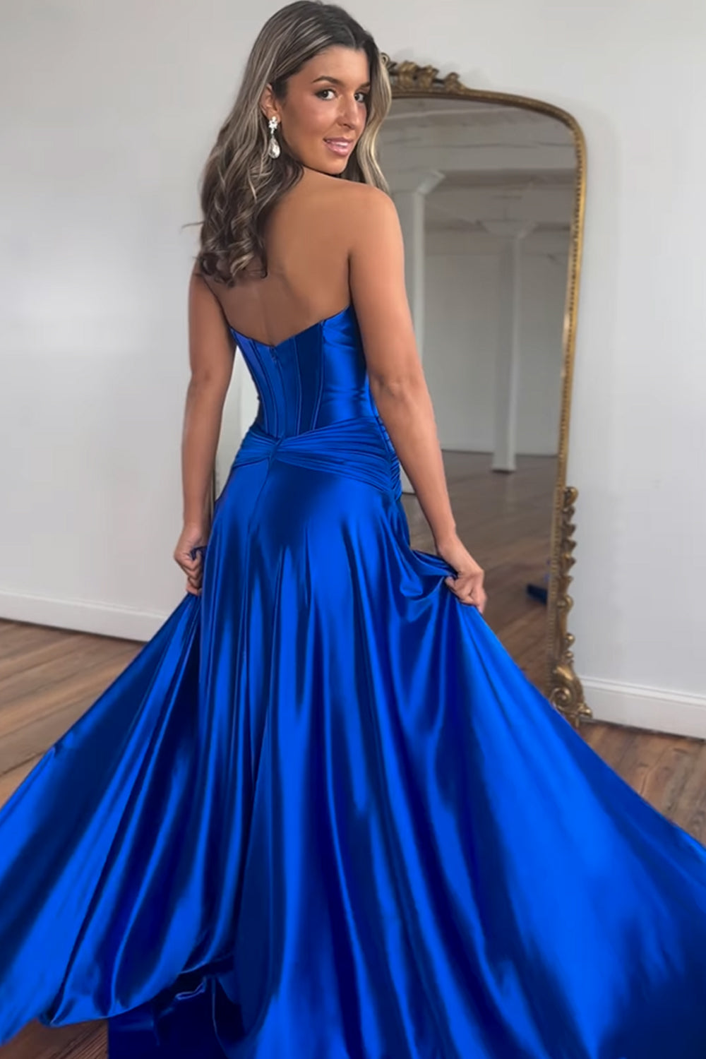 Royal Blue Prom Dress A Line Corset Satin Long Evening Dress with Slit