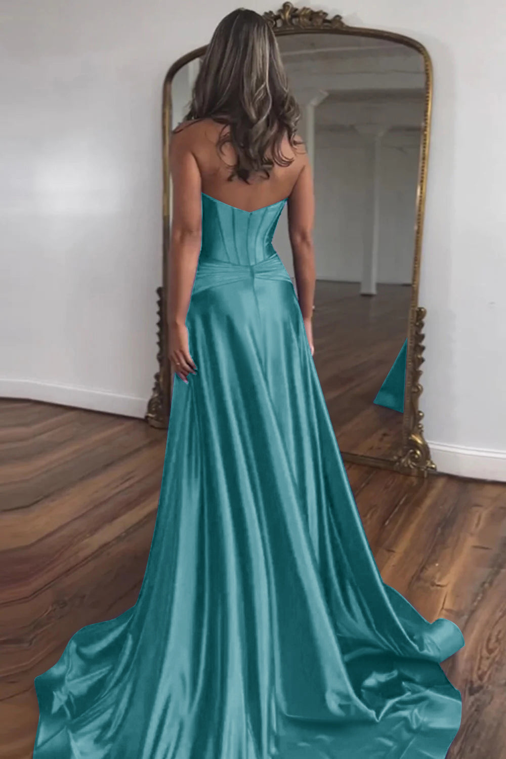 Royal Blue Prom Dress A Line Corset Satin Long Evening Dress with Slit