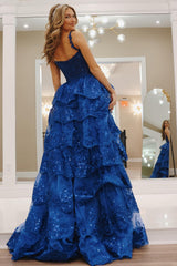 Royal Blue Prom Dress A Line Long Tiered Appliqued Evening Dress With Slit