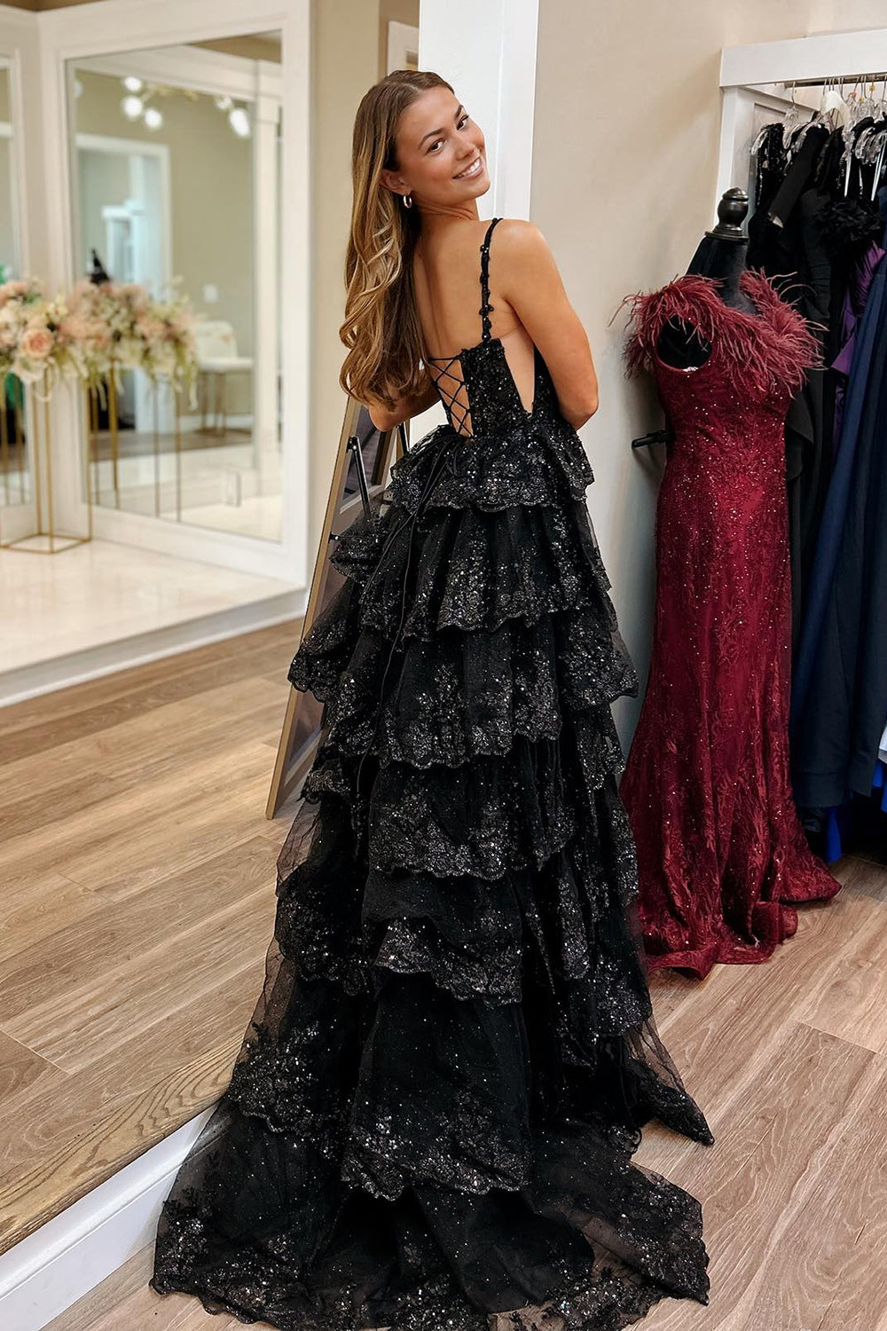 Royal Blue Prom Dress A Line Long Tiered Appliqued Evening Dress With Slit