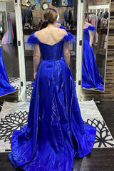 Royal Blue Prom Dress Corset A Line Long Formal Dress With Feathers