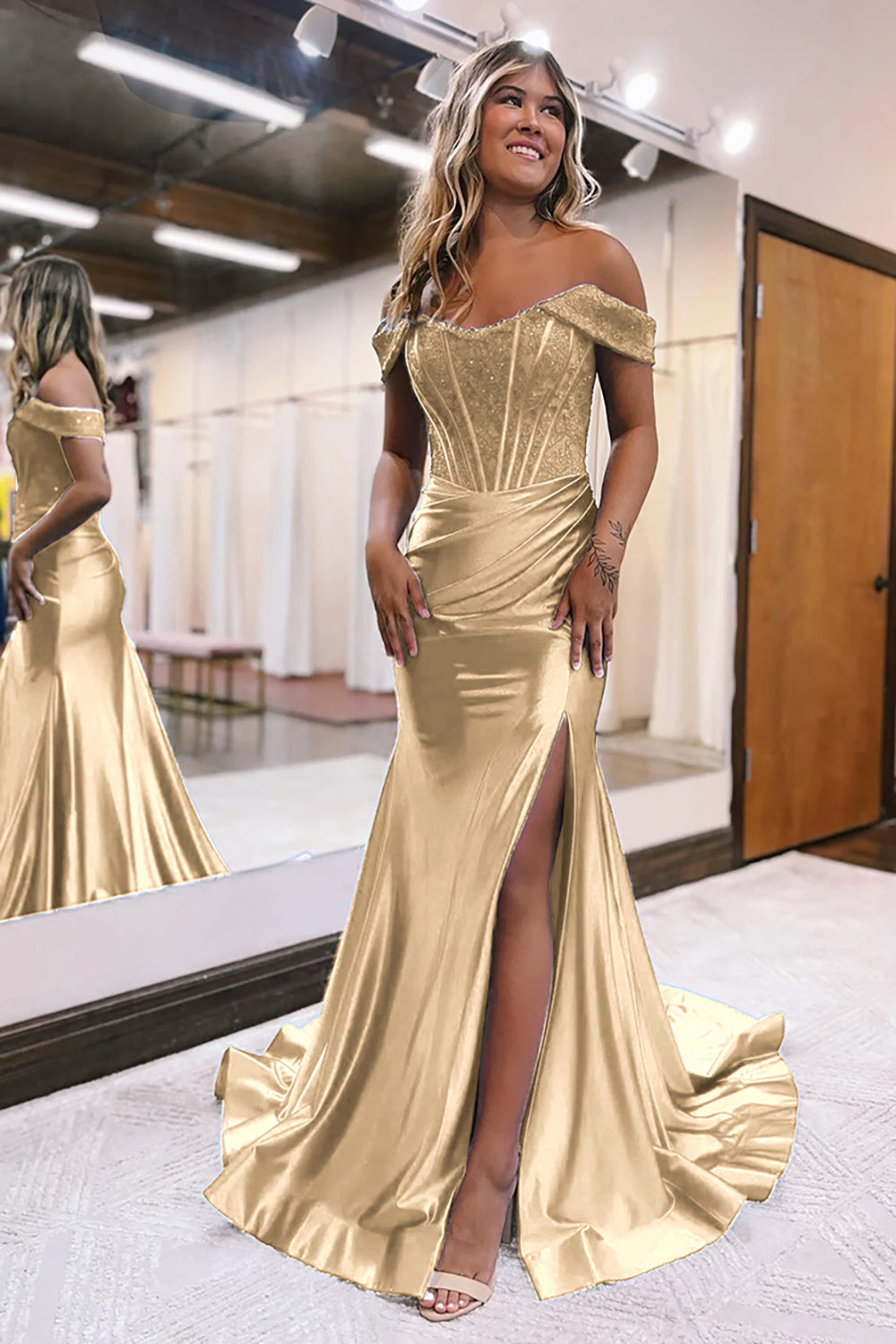 Royal Blue Prom Dress Corset Detachable Neck Mermaid Long Evening Dress with Slit