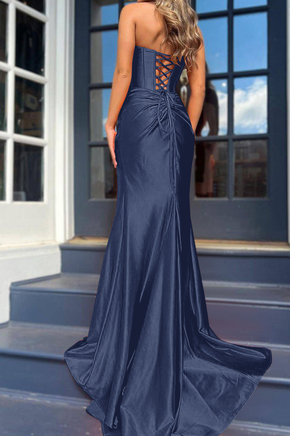 Royal Blue Prom Dress Corset Mermaid Draped Satin Long Evening Dress w Dreamyannie UK Royal Blue Prom Dress Corset Mermaid Draped Satin Long Evening Dress w Dreamyannie UK