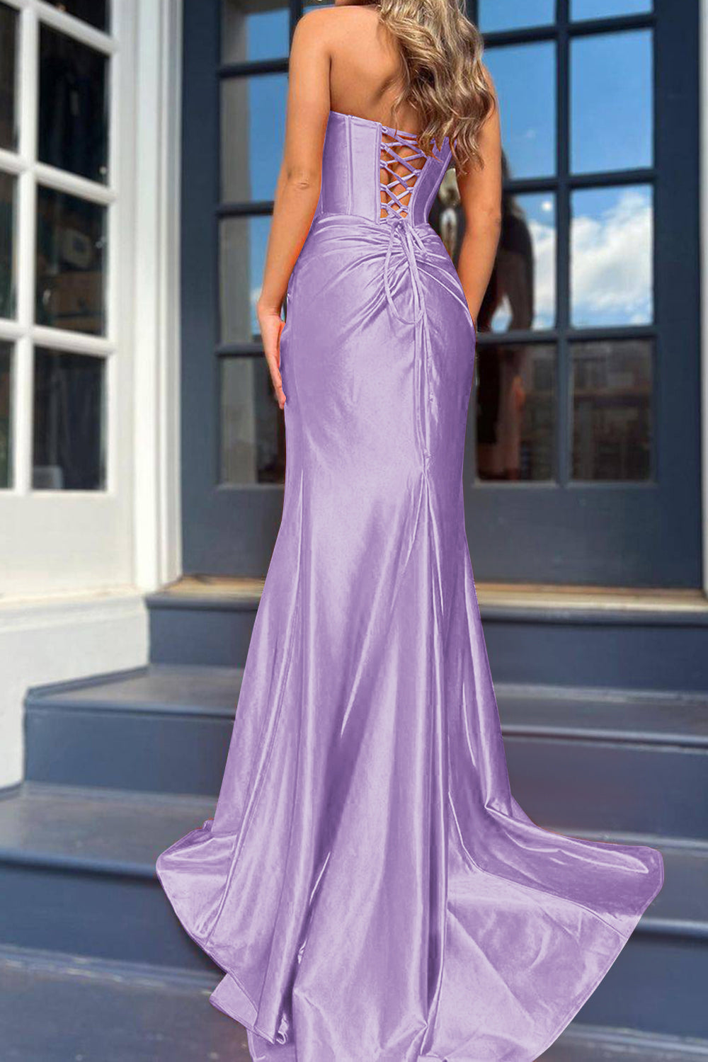 Royal Blue Prom Dress Corset Mermaid Draped Satin Long Evening Dress with Slit
