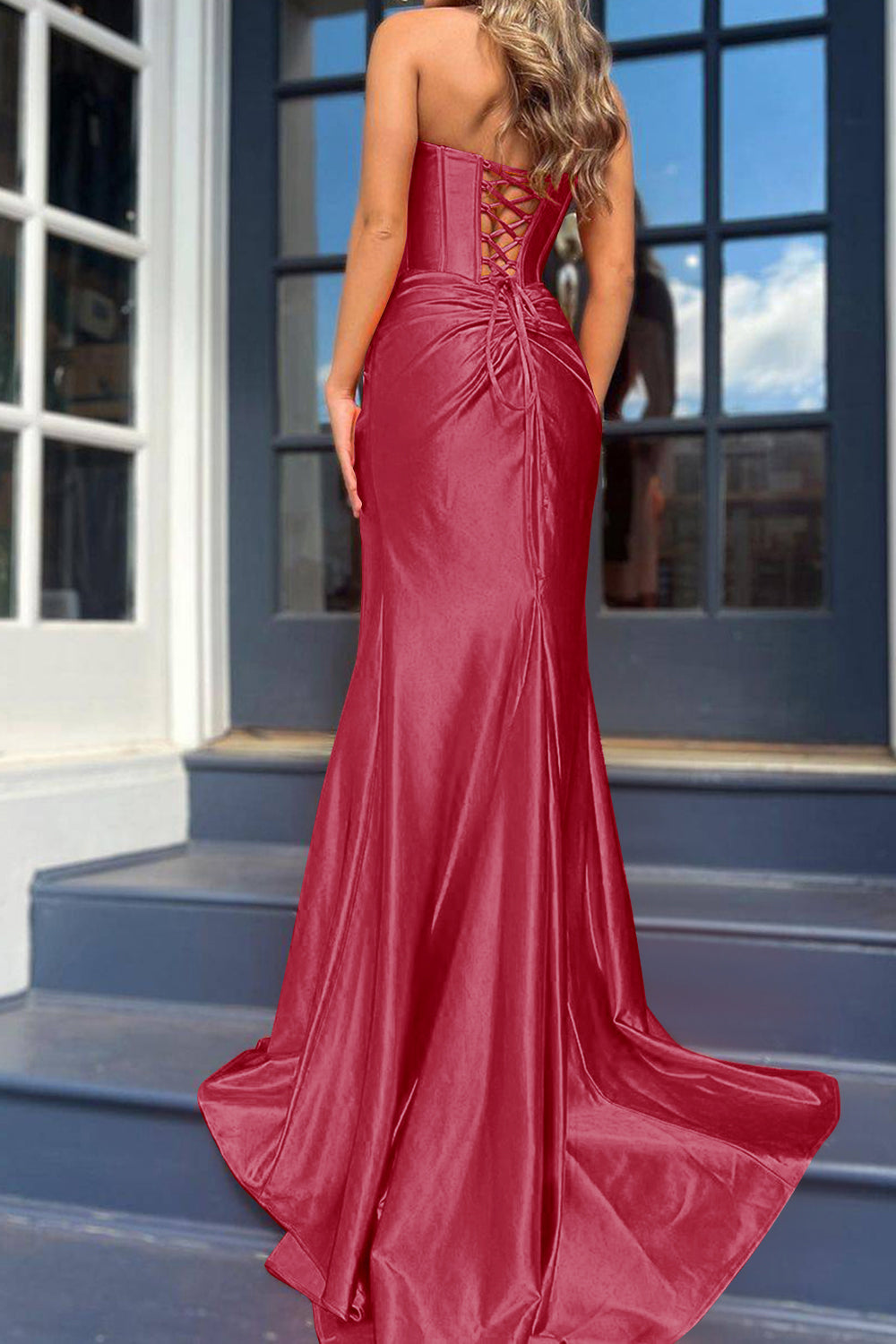 Royal Blue Prom Dress Corset Mermaid Draped Satin Long Evening Dress with Slit
