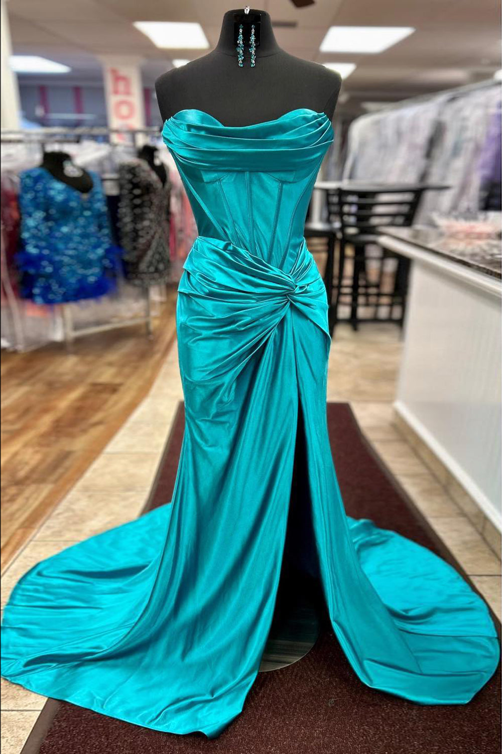 Royal Blue Prom Dress Corset Mermaid Draped Satin Long Evening Dress with Slit