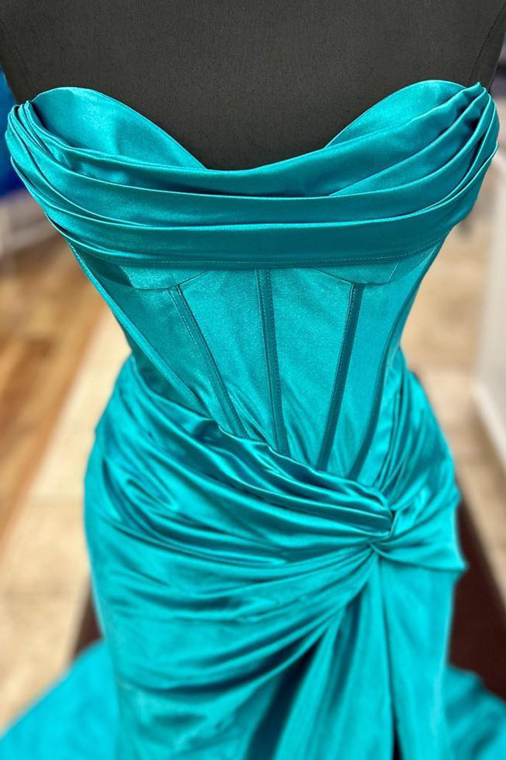 Royal Blue Prom Dress Corset Mermaid Draped Satin Long Evening Dress with Slit