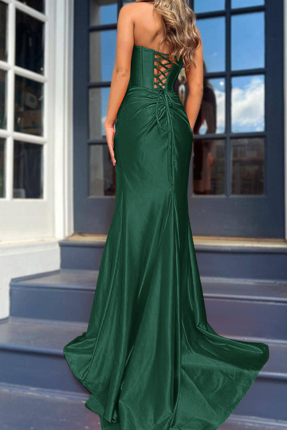 Royal Blue Prom Dress Corset Mermaid Draped Satin Long Evening Dress with Slit
