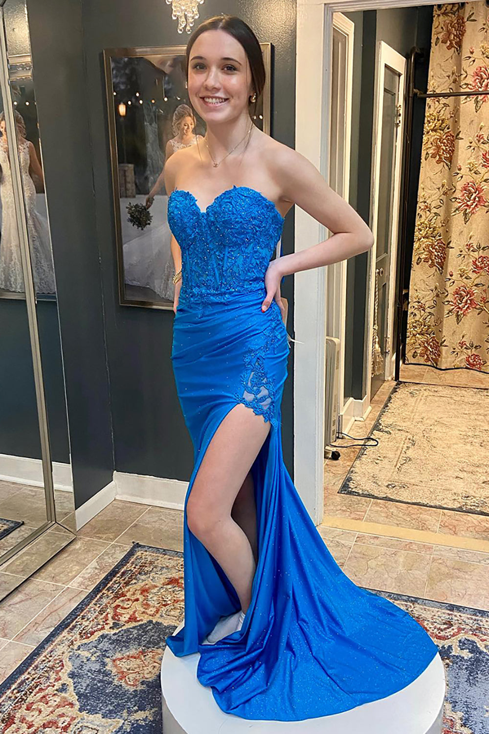 Royal Blue Prom Dress Floral Mermaid Sweetheart Long Evening Dress With Slit