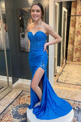 Royal Blue Prom Dress Floral Mermaid Sweetheart Long Evening Dress With Slit