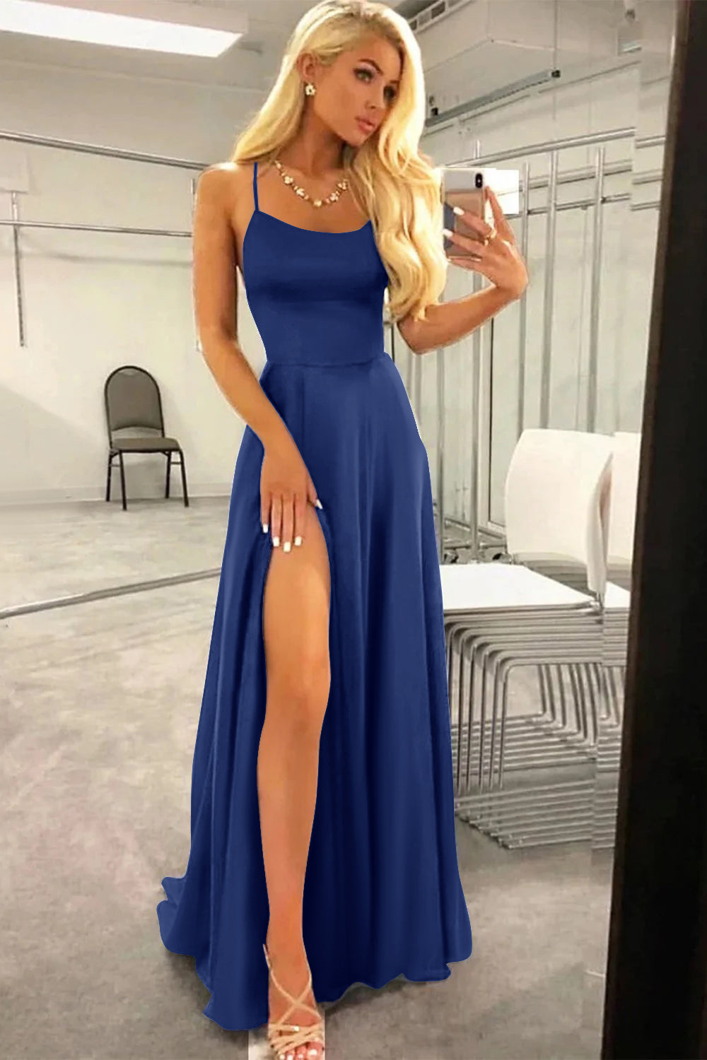 Royal Blue Prom Dress Halter Backless A Line Evening Dress