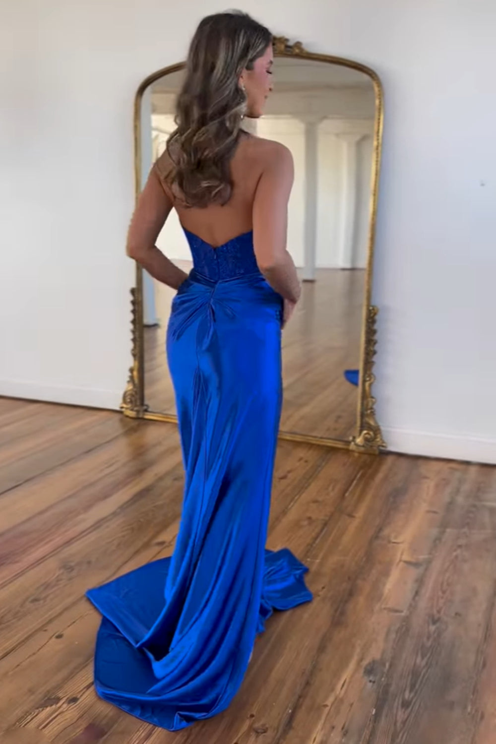 Royal Blue Prom Dress Halter Mermaid Satin Evening Dress with Slit
