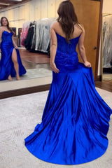 Royal Blue Prom Dress Mermaid Ruche Long Evening Dress With Slit