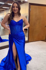 Royal Blue Prom Dress Mermaid Ruche Long Evening Dress With Slit