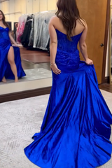 Royal Blue Prom Dress Mermaid Ruche Long Evening Dress With Slit