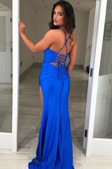 Royal Blue Prom Dress Mermaid Ruched Spaghetti Straps Long Evening Dress With Slit