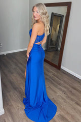 Royal Blue Prom Dress One Shoulder Lace Formal Dress With Slit