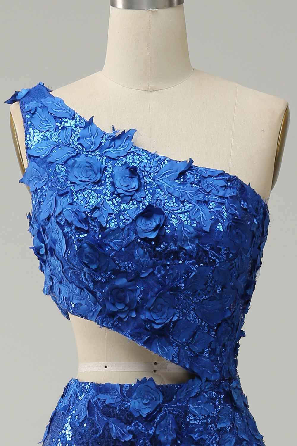 Royal Blue Prom Dress One Shoulder Sequined Evening Dress with 3D Flowers