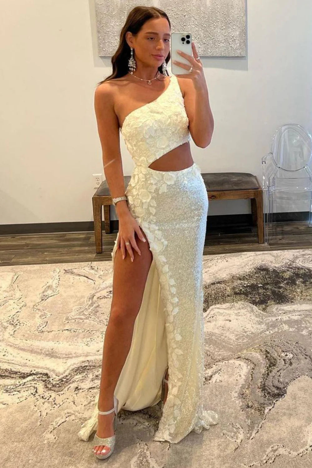 Royal Blue Prom Dress One Shoulder Sequined Evening Dress with 3D Flowers