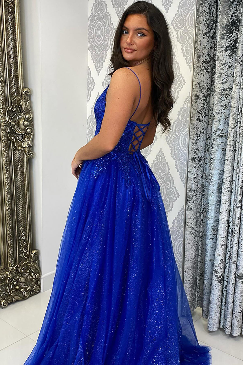 Royal Blue Prom Dress Sequined A-Line Spaghetti Straps Long Evening Dress With Slit