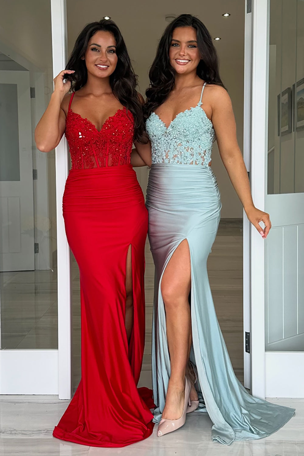 Royal Blue Prom Dress Sequined Mermaid Ruche Spaghetti Straps Long Evening Dress With Slit