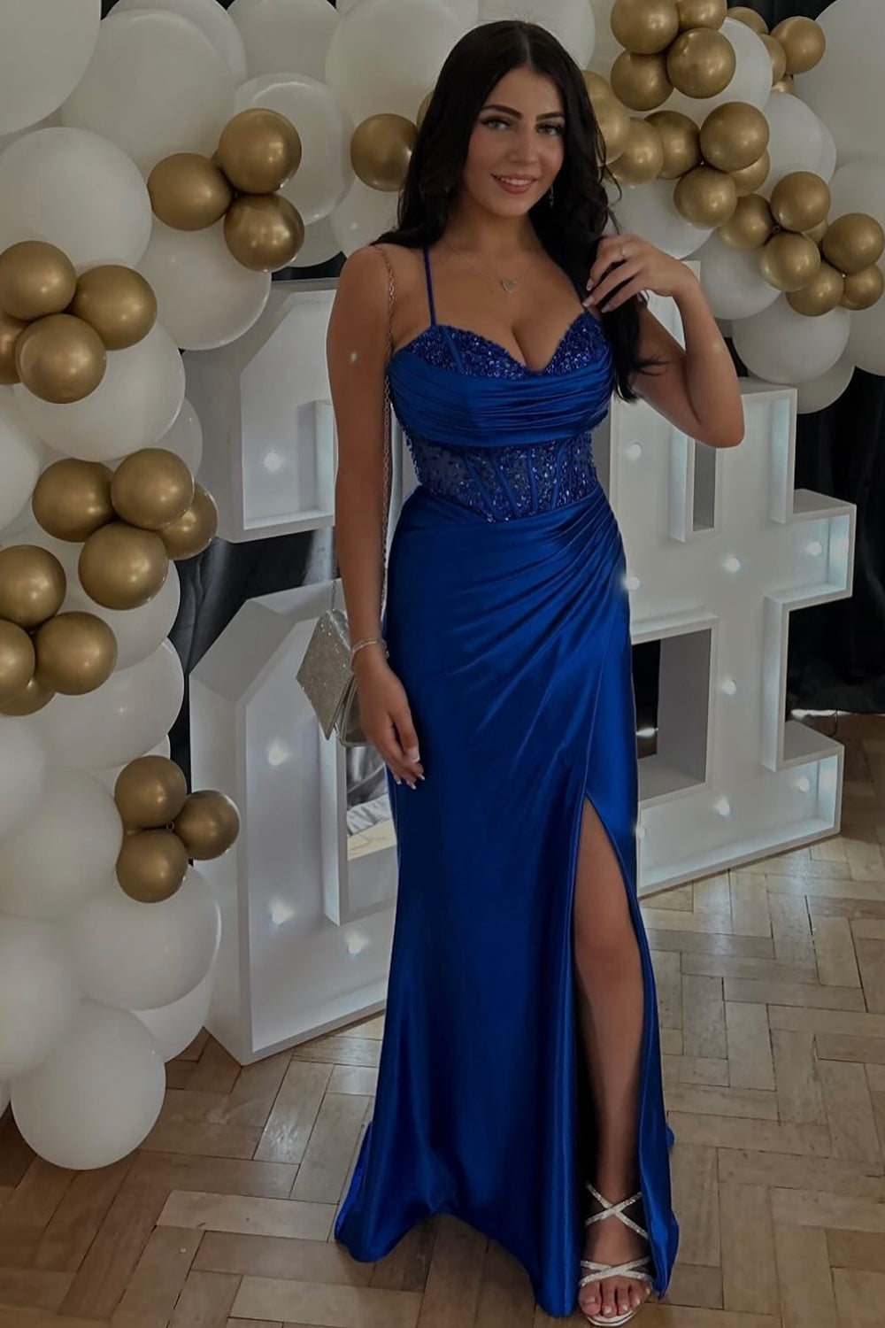 Royal Blue Prom Dress Spaghetti Straps Long Evening Dress with Slit