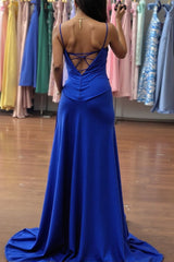 Royal Blue Prom Dress Spaghetti Straps Ruched Long Side Cape Formal Dress With Slit