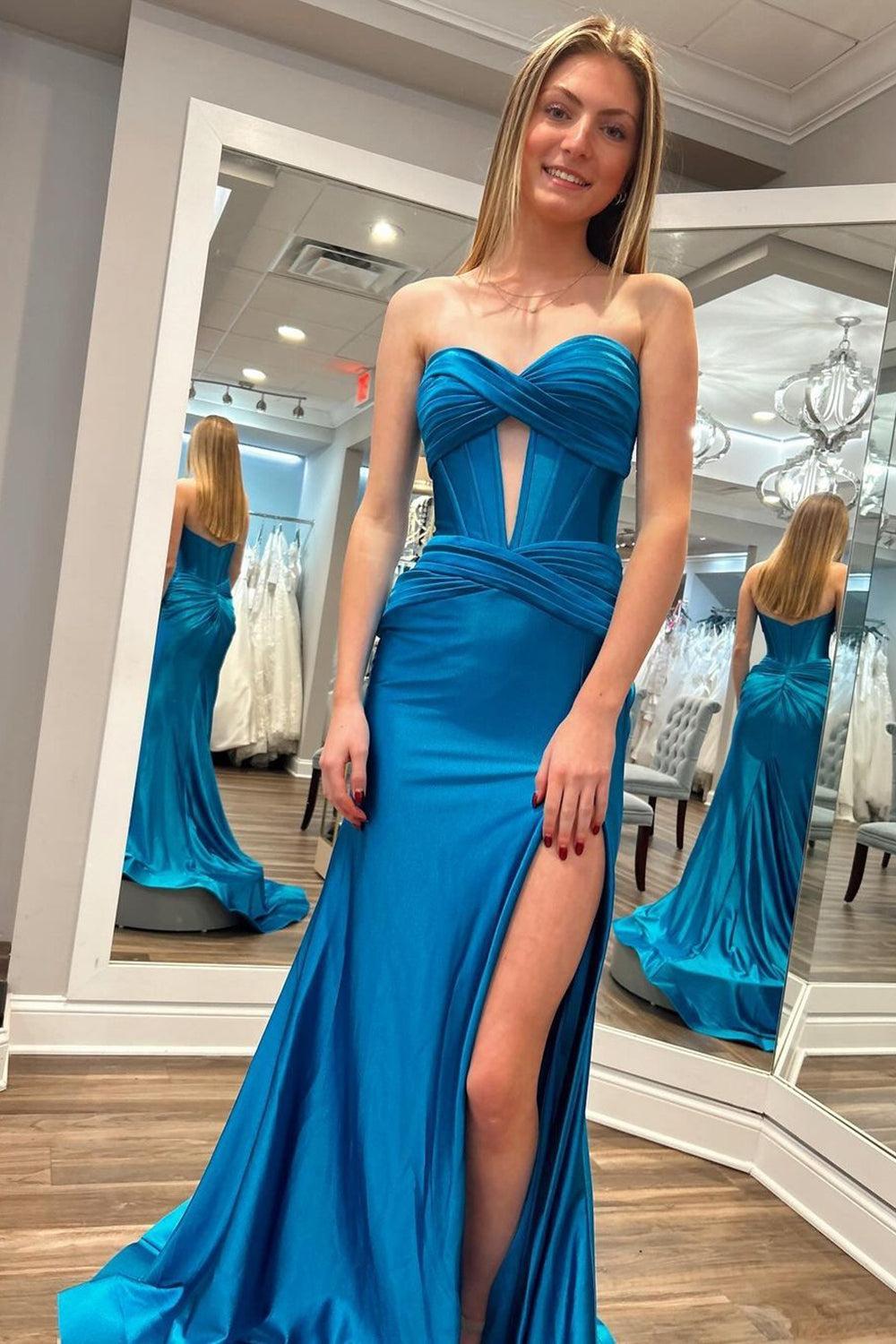 Royal Blue Prom Dress Strapless Mermaid Corset Long Evening Dress With Slit