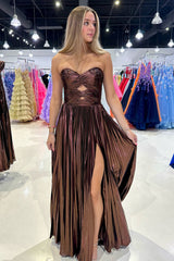 Royal Blue Prom Dress Sweetheart Metallic Pleated Long Formal Dress With Slit