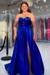 Royal Blue Prom Dress Sweetheart Metallic Pleated Long Formal Dress With Slit