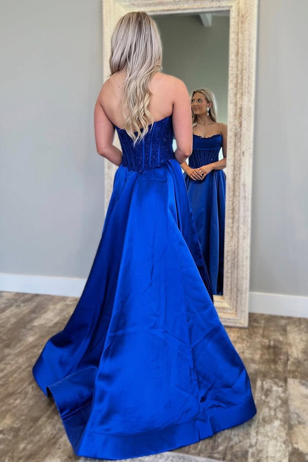 Royal Blue Satin Gown With Strapless Glitter Bodice A-Line Silhouette Prom Dress Formal Evening Gown