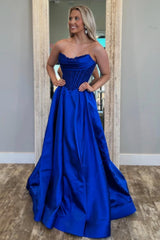 Royal Blue Satin Gown With Strapless Glitter Bodice A-Line Silhouette Prom Dress Formal Evening Gown