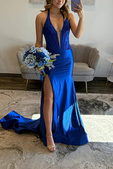 Royal Blue Satin Prom Dress Mermaid Halter Corset Long Formal Dress With Slit