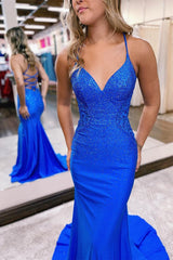 Royal Blue Sequins V Neck Spaghetti Strap Evening Dress