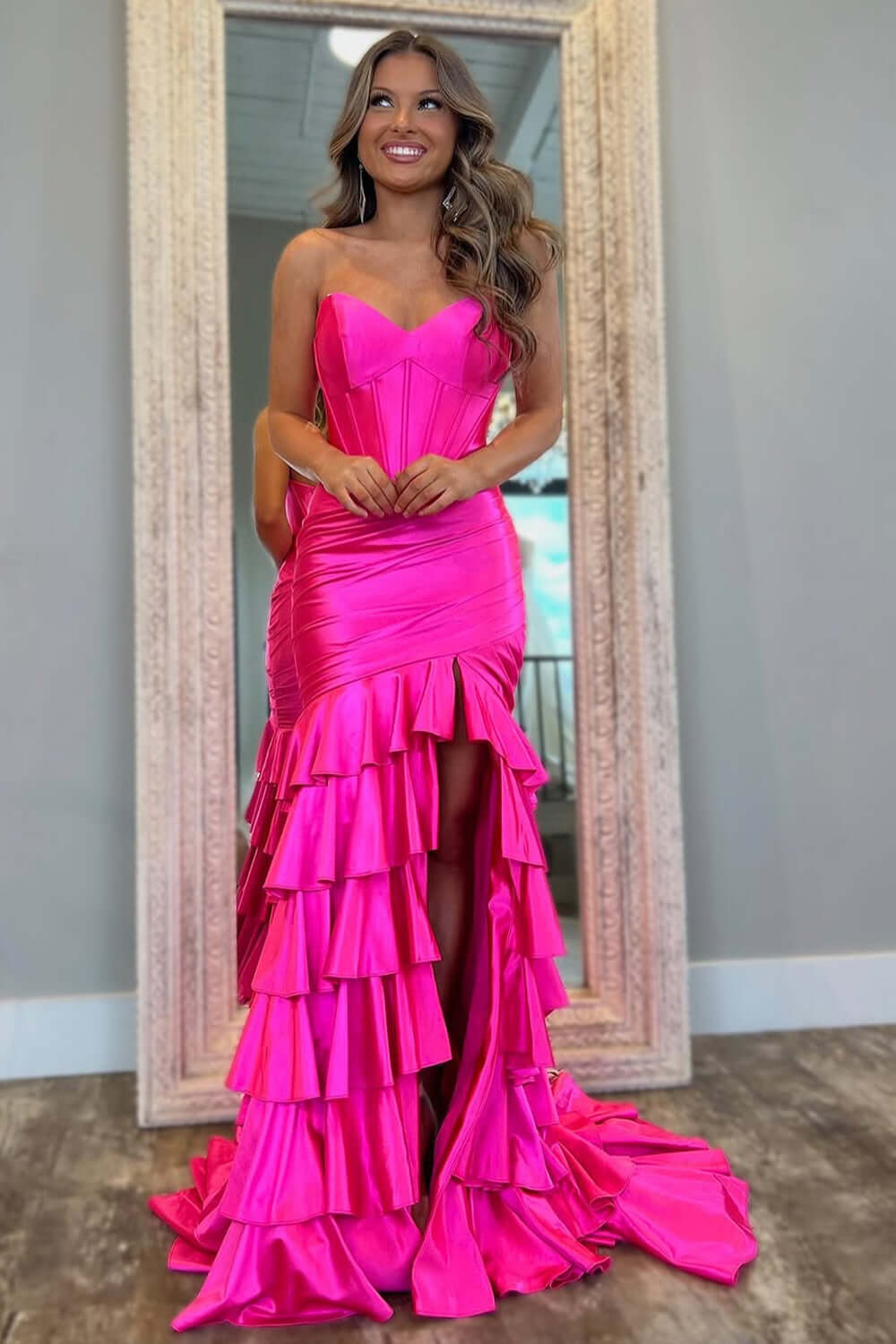 Dreamyannie Light Blue Prom Dress Mermaid Sweetheart Corset Satin Ruffled Long Formal Dress With Slit