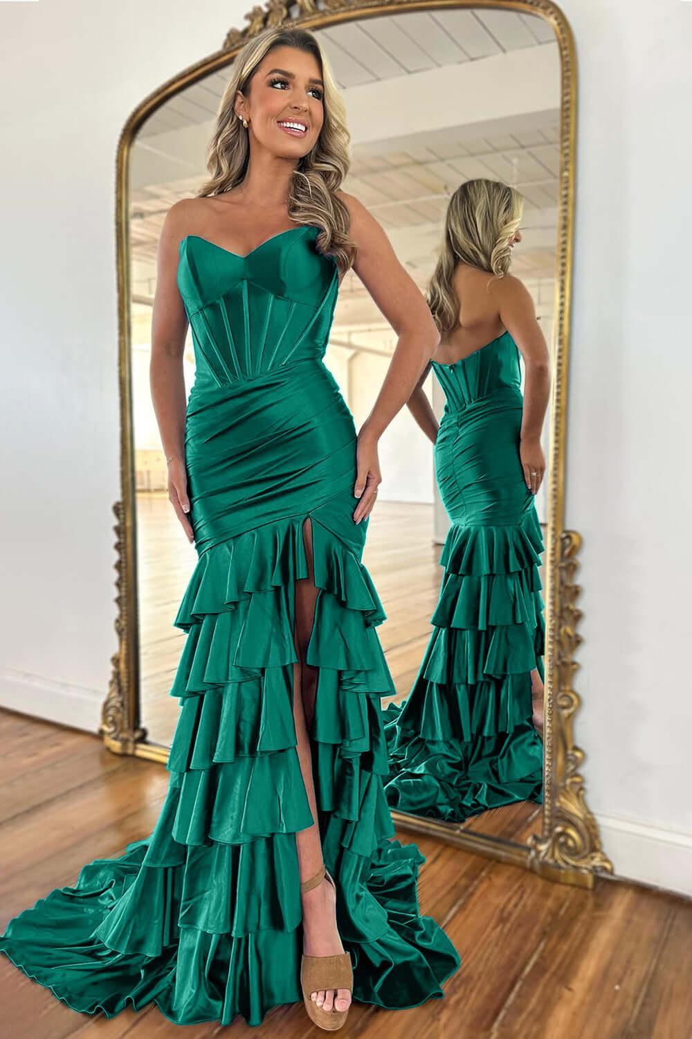 Dreamyannie Light Blue Prom Dress Mermaid Sweetheart Corset Satin Ruffled Long Formal Dress With Slit