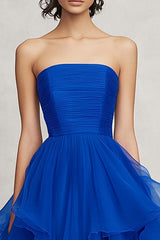 Royal Blue Wedding Guest Dress Chiffon Strapless Ruffled A Line Long Evening Dress
