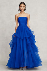 Royal Blue Wedding Guest Dress Chiffon Strapless Ruffled A Line Long Evening Dress