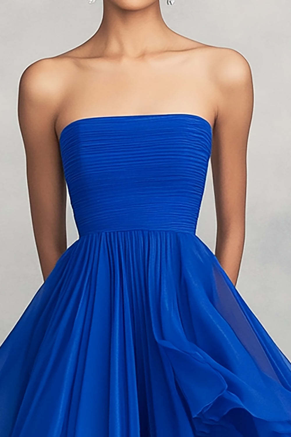 Royal Blue Wedding Guest Dress Ruffled Ball Gown Chiffon Strapless Pleated Long Evening Dress