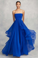 Royal Blue Wedding Guest Dress Ruffled Ball Gown Chiffon Strapless Pleated Long Evening Dress