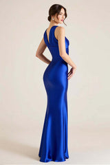 Royal Blue Wedding Guest Dress V-Neck Satin Sheath Sleeveless Long Evening Dress