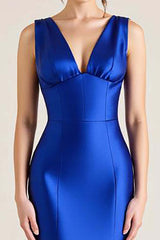 Royal Blue Wedding Guest Dress V-Neck Satin Sheath Sleeveless Long Evening Dress
