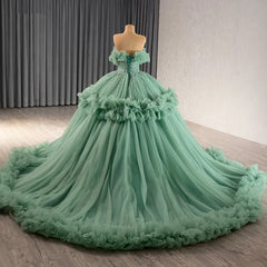 Green Off the Shoulder Evening Dress Ball Gown Beaded Prom Dress